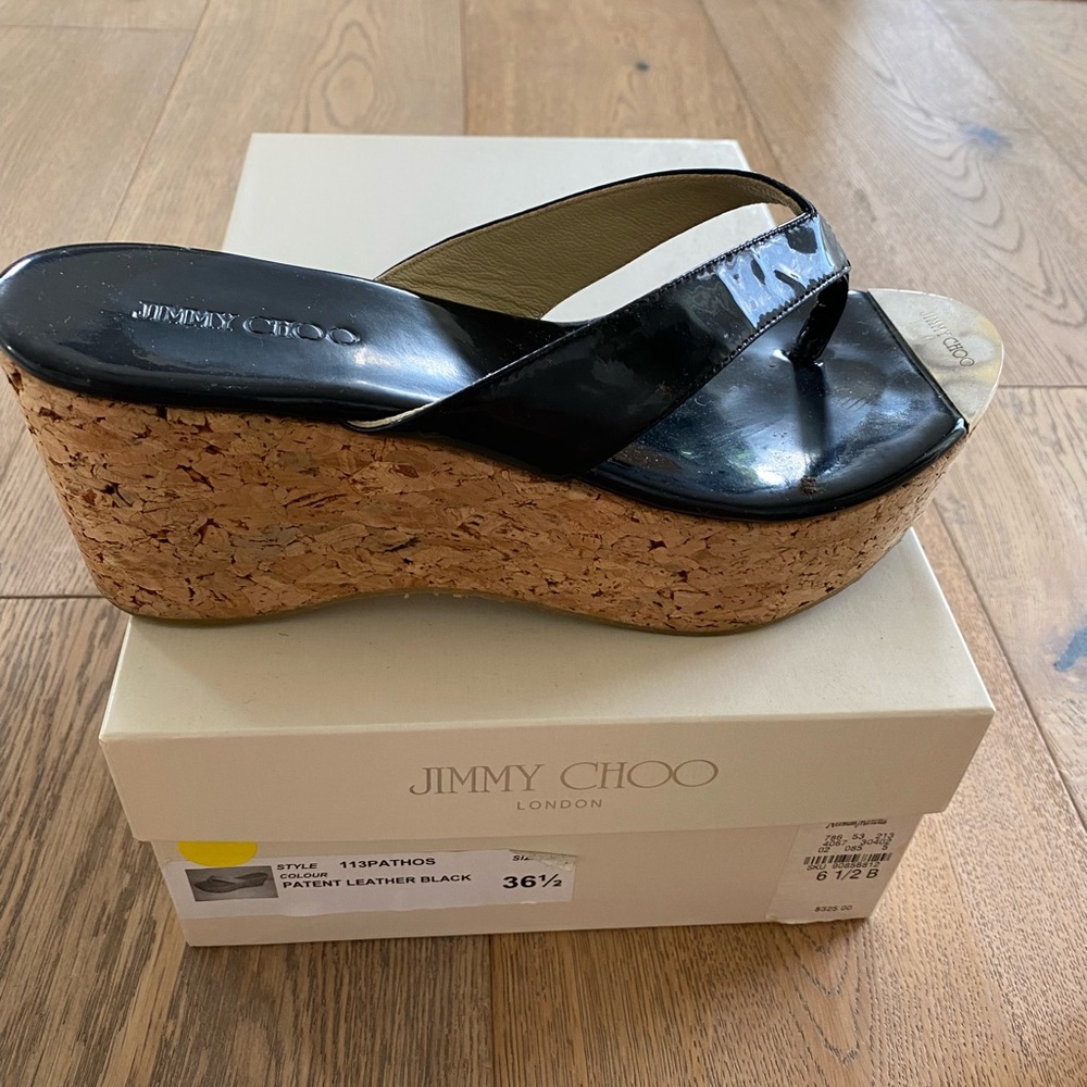 Jimmy Choo Black Patent Cork Slide Sandal
